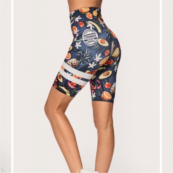 EUC Stronger Label Navy Tropical Fruit Leggings & Biker Shorts Workout Set - Picture 3 of 10